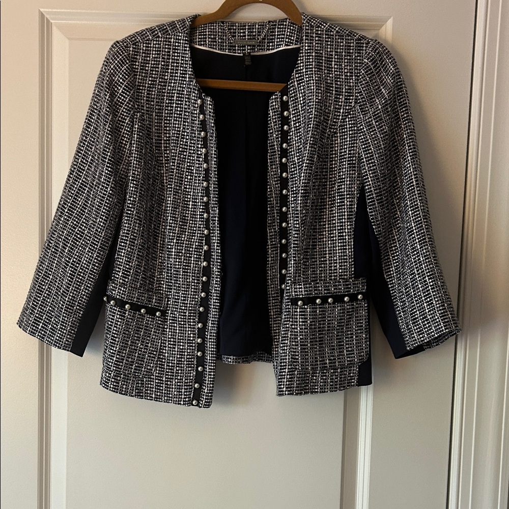 White House Black Market Blue and White Blazer with Pearl Accents